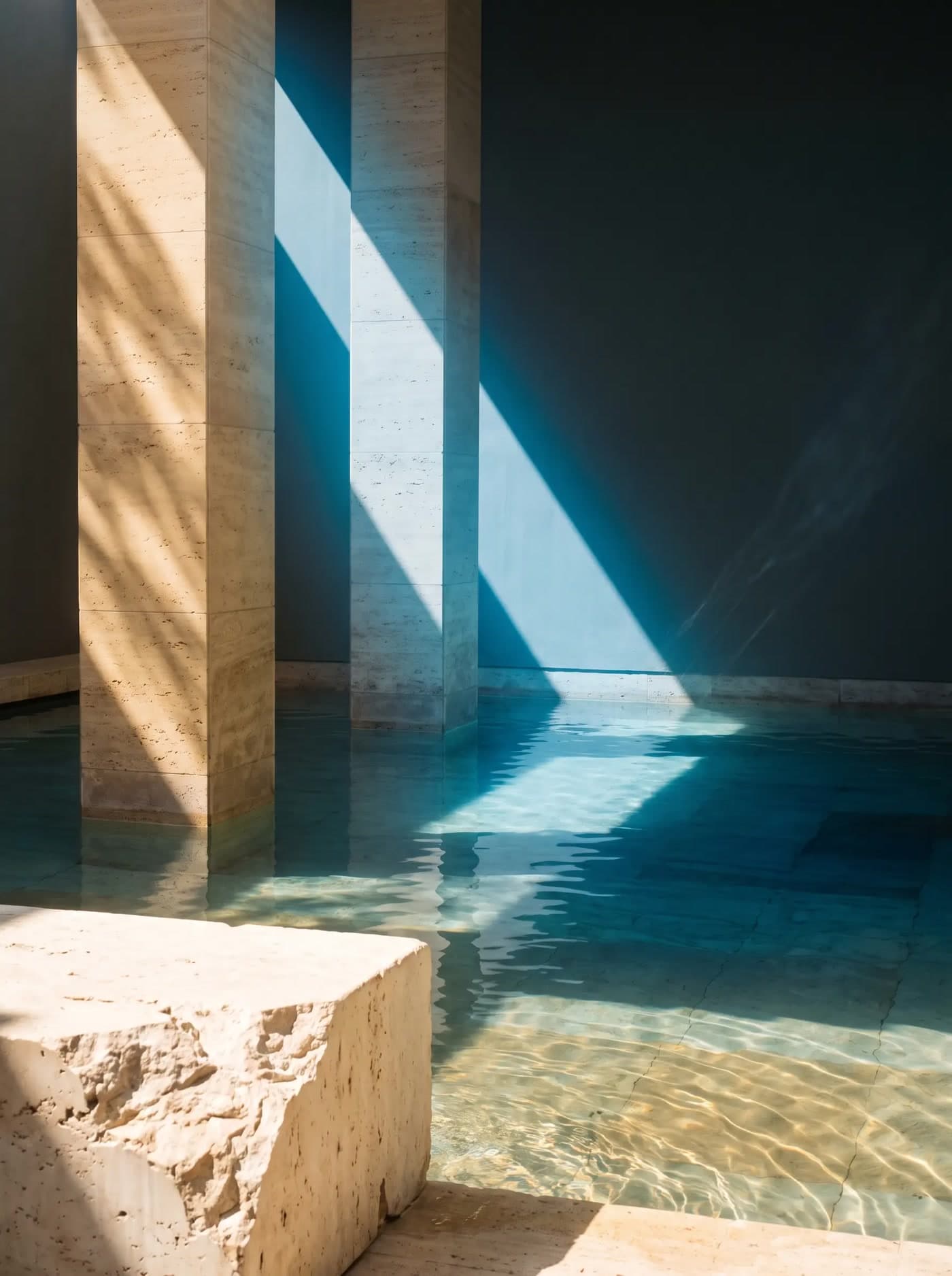 A shaft of blue light falling between two stone pillars across a still pool, a rough stone block at its edge