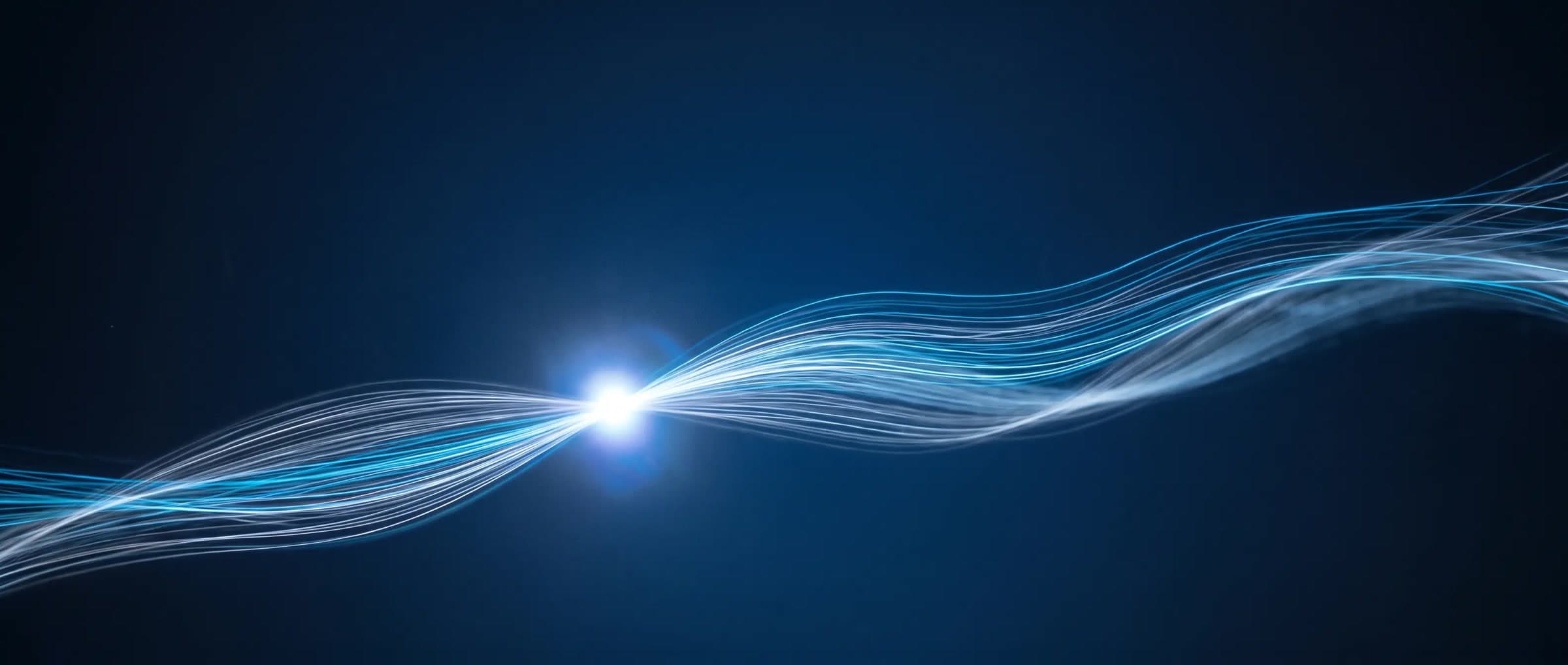 Fine threads of blue and white light flowing across deep blue, gathering to a bright point